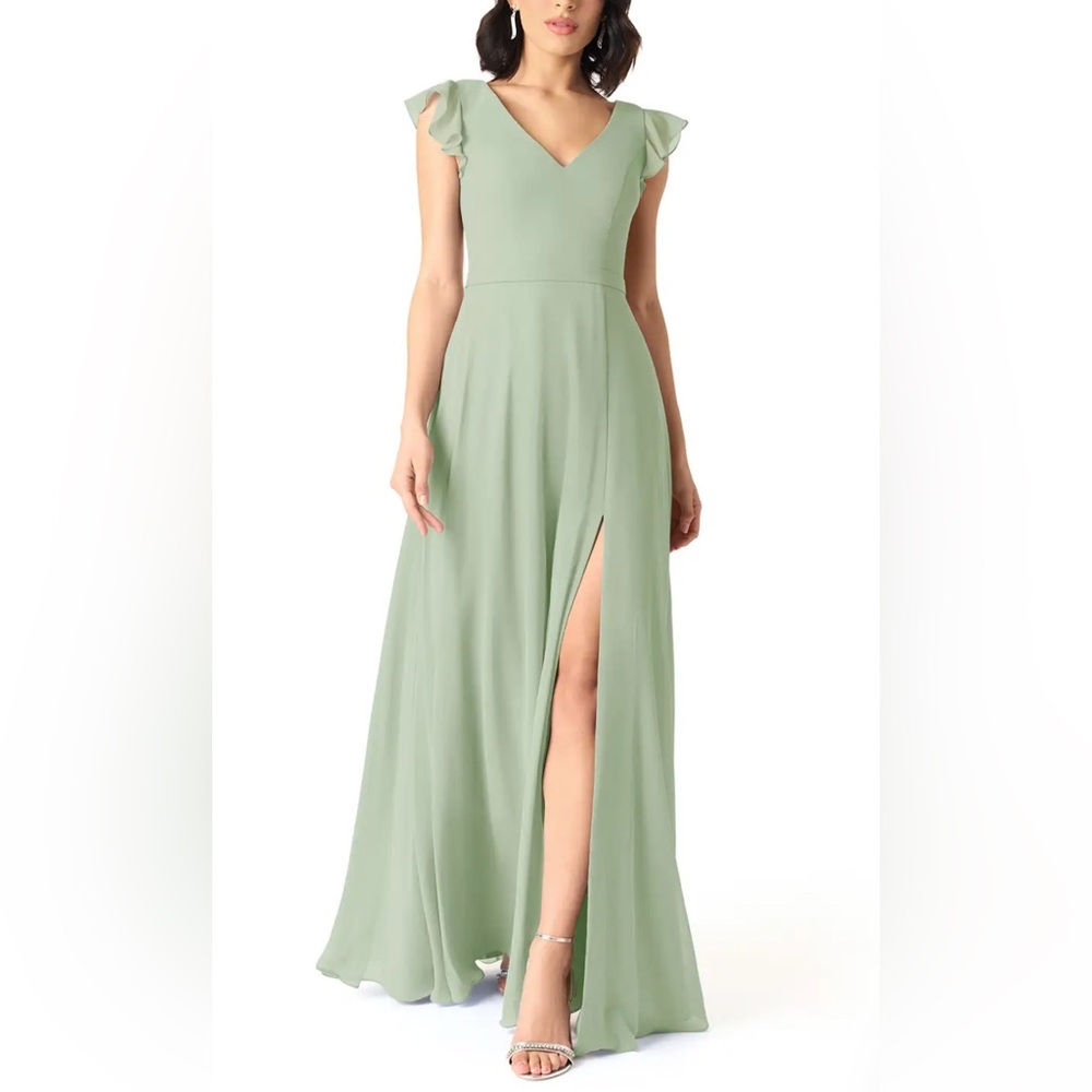 Azazie Claudine Dusty Sage Dress, A-Line Flutter Sleeve Chiffon Dress, Size A8